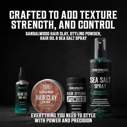 Viking Revolution Ultimate Hair Care Collection - Styling Hair Kit Includes Sea Salt Spray (8.8fl oz), Texture Powder (1oz), HairClay (2 oz), Comb Set (6 Pieces) and Oil (1.7fl oz) - Men Gifts - Thumbnail 2
