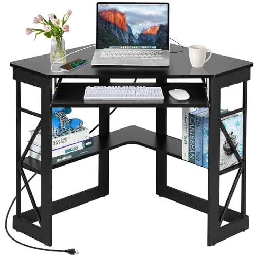 VECELO Corner Computer Desk 41x30 inches with Charging Station &