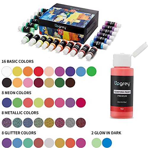 Tempera Paints, Kids Paint, 60ML Washable Paints 42 Colors Non-Toxic Finger Paint Include 16 Basic, 2 Neon, 8 Glitter, 8 Fluorescent, 8 Metallic with Brushes for Sponge, Poster Painting Hobby Painters