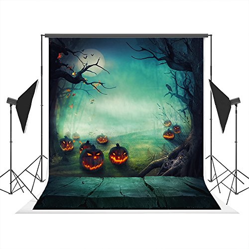 5x7ft Halloween Photo Studio Background Props Fabric Cloth Collapsible Backdrop, Light Green Pumpkin Wood Background for Photography