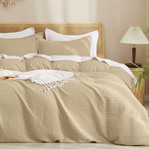 Image of PHF Waffle Weave Duvet Cover Set Queen Size, No Snagging Ultra Soft Luxury Textured Breathable Comforter Cover for All Season 3pcs, Durable Bedding Duvet Set with 2 Pillow Shams, 90 inchx90 inch, Khaki