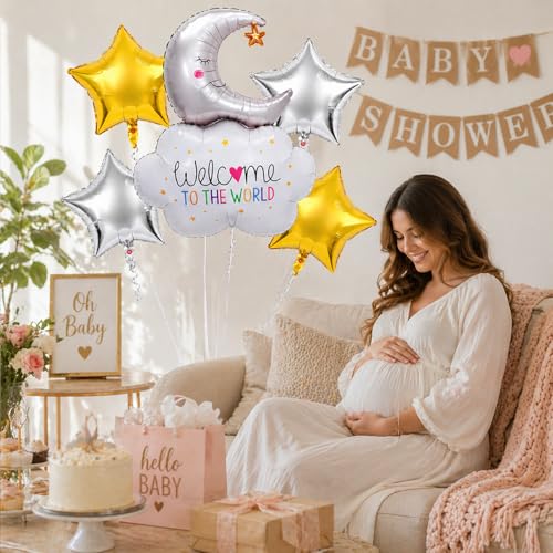 Image of Rozi Decoration Welcome Baby Foil Balloon Set with Moon Cloud & Star Balloons, 5 Pcs Baby Shower Decoration Kit for Newborn Welcome Party & Naming Ceremony