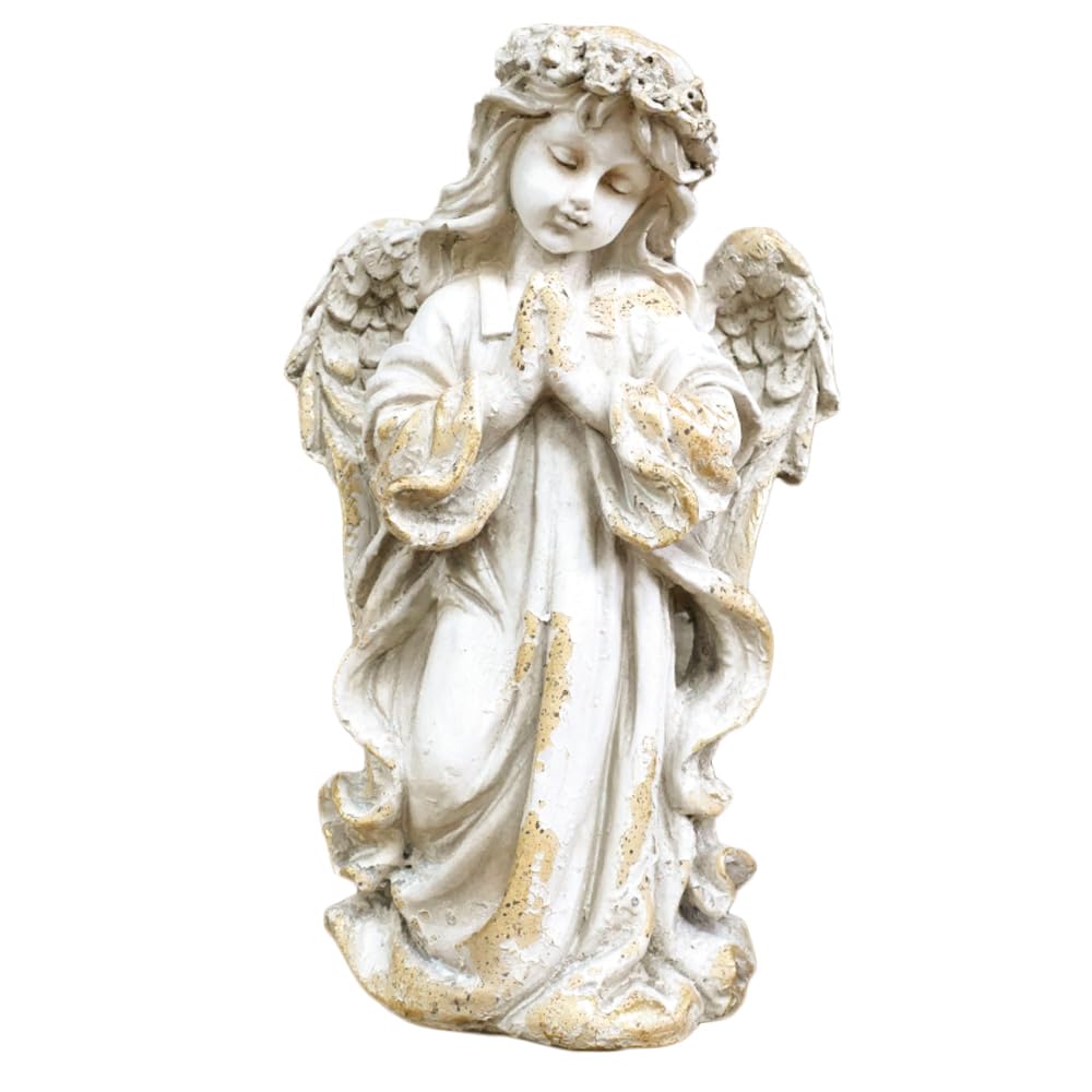 Praying Angel Cherub Statue, White, MGO, Distressed Vintage Finish, Indoor and Outdoor Garden Memorial Ornament, 24x40x18cm