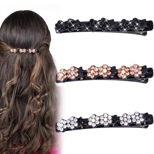 Incinkod 3 Pcs Braided Hair Clips for Women Sparkling Crystal Stone Braided Hair Clip Non Slip Strong Hold Magnetic Hair Clips Glitter Rhinestone Braid Clips (Flower Black White Gold)