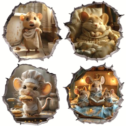 Cute Mice Illustrations Cozy Scenes 4pcs Vinyl Stickers Pack for Kids Students Teachers Planners Scrapbooking Laptop Decoration Car Water Bottles Phone Case Teens