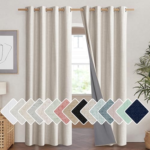 NICETOWN Brich Vintage Open Linen Weave Flax Thermal Curtains, 100% Blackout Curtains 90" Long for Dining Room, Soundproof Window Treatment Drapes for Home Cinema, 52" Wide Per Panel, Set of 2 - image 1