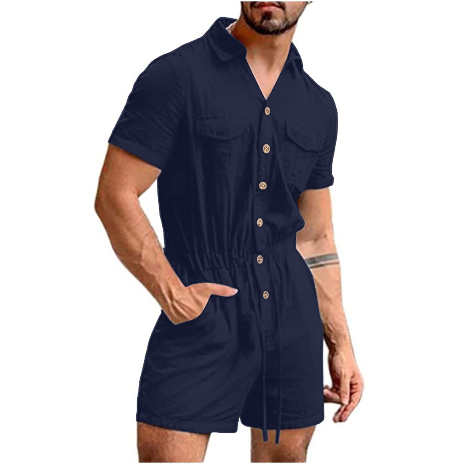 Men's Short Jumpsuit Short Sleeve Jumpsuit Onesie Men's Leisure Suit with Summer Trousers and Summer Shirt Elegant Bodysuit Soft Jogging Suit Lightweight Summer Jumpsuit Stretch Romper with Buttons