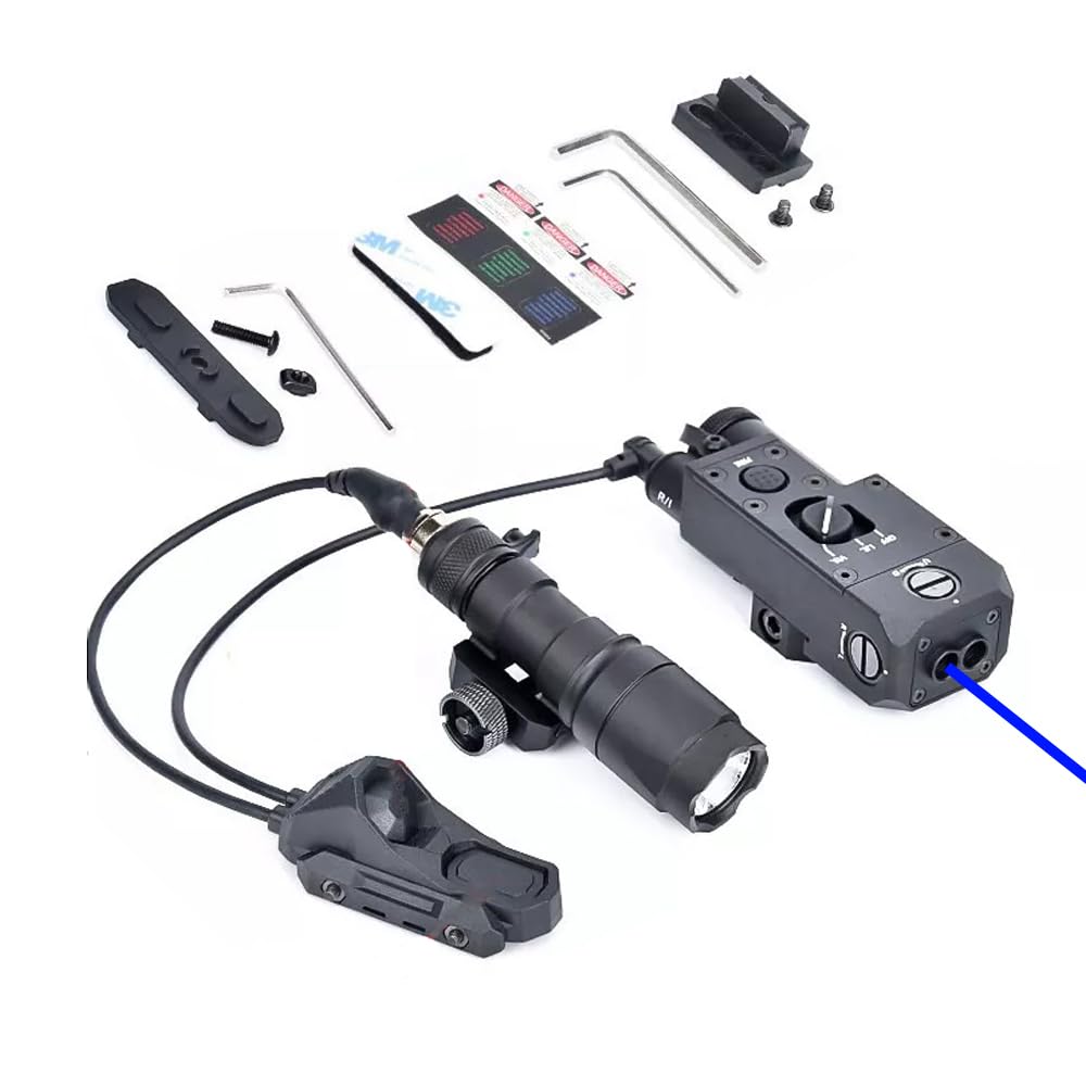 Metal CQL-1 Box Aiming Laser Sight Indicator(with Blue Laser + IR Laser), & M300A Strong LED White Flashlight, & AX Modular Dual Wire Remote Pressure Switch(SF+2.5 Plug) Combo, Black