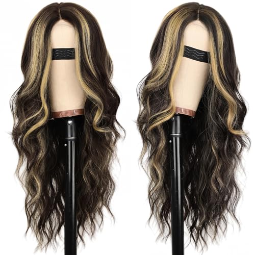 Image of AISI HAIR Long Wavy Dark Brown with Blonde Highlight Lace Hairline Wigs for Women，Middle Part Synthetic Heat Resistant Wig for Daily Party-26 Inch