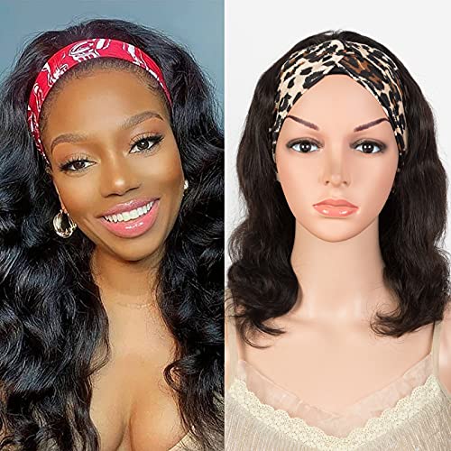 DÉBUT Human Hair Body Wave Headband Wigs for Black Women Wear and Go 10A Brazilian Virgin Hair Glueless Wigs Natrural Black 14 Inch