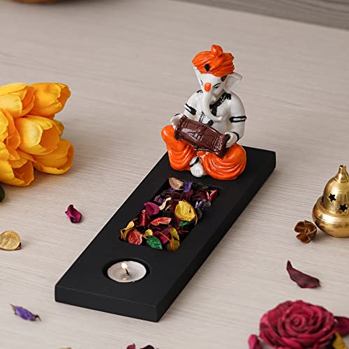 Image of eCraftIndia Orange White Resin Lord Ganesha Idol Playing Dholak Showpiece Potpourri Rectangle Tea Light Candle Holder| Ganpati Murti Tea Light Holder Diwali Decoration Items for Home Decor|Diwali Gift