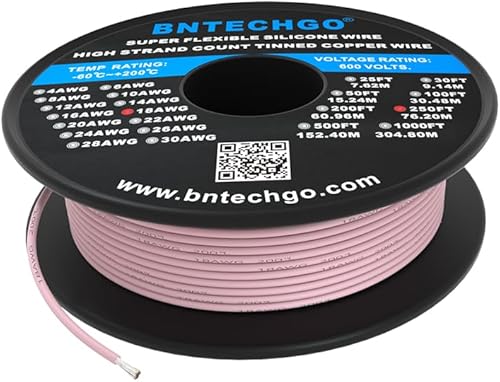 BNTECHGO Bobina de alambre de silicona calibre 18 de 250 pies rosa flexible de 18 AWG trenzado alambre de cobre estañado BNTECHGO Bobina de alambre de silicona calibre 18 de 250 pies rosa flexible de 18 AWG trenzado alambre de cobre estañado