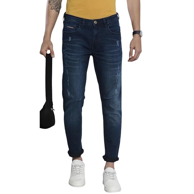 The Indian Garage Co Men's Stretch Fit Mid Rise Carrot Fit Solid Mid-Rise Stretchable Jeans