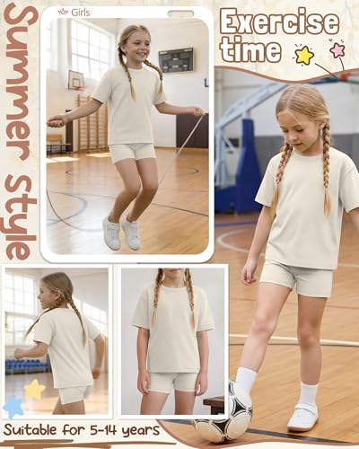 Image of Oakgarden Summer Outfits for Girls 5-14Y Athletic Casual Sets Kid Short Sleeve Shirt Bike Shorts 2 Piece Tween Trendy Clothes