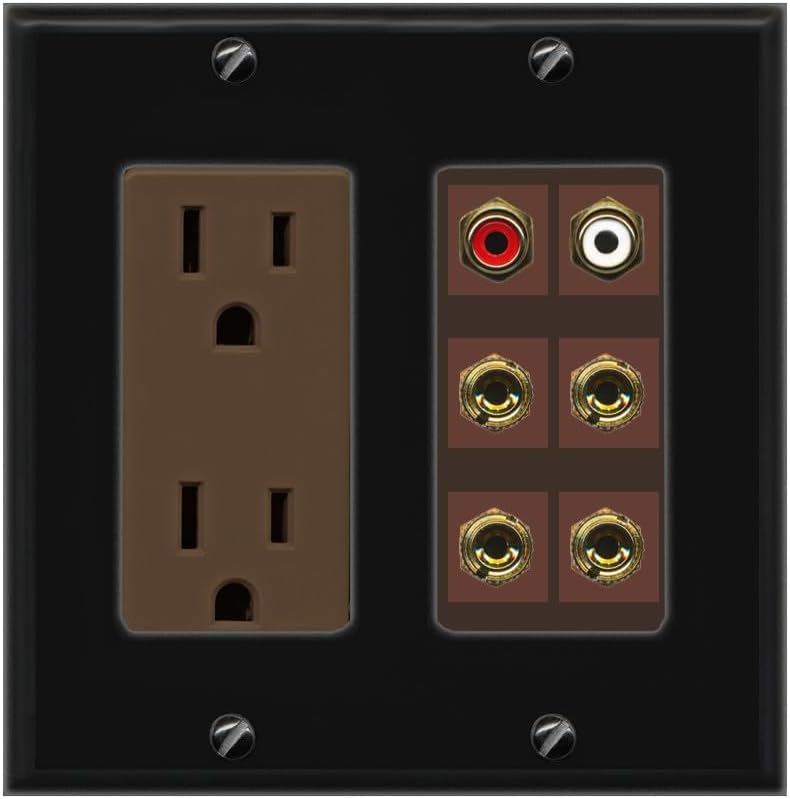 RiteAV 4 Banana (2 Speaker) Binding Post Wall Plate with 2 RCA Jacks (Red+White) - Outlet [Black/Brown]