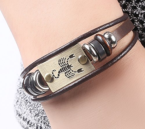 Hamoery Men Punk Beaded Alloy Multilayer Braided Rope Constellation Leather Cuff Bracelet Bangle Wristband(Scorpio) #TOP4