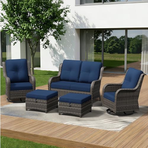 Image of 5 Piece Outdoor Wicker Patio Furniture Set, Outdoor Swivel Rocker Patio Chairs Set with Thickened Olefin Cushions, High Back and Deep Seating, Hand-Woven PE Rattan for Porch, Deck