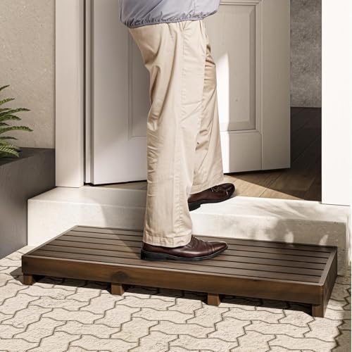 Image of Carpentray One Step Stool for Elderly (35 inch Length) - Acacia Wood High Riser Step Stool with Non-Slip Pads - 550 Lbs Wooden Mobility Stepping Stools for Handicap, Bed, Bathroom, Kitchen (Walnut)