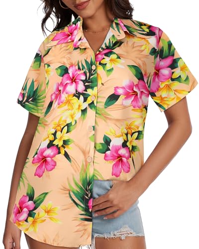 Image of Women Hawaiian Shirt Button Down Summer Tops Beach Short Sleeve Blouse