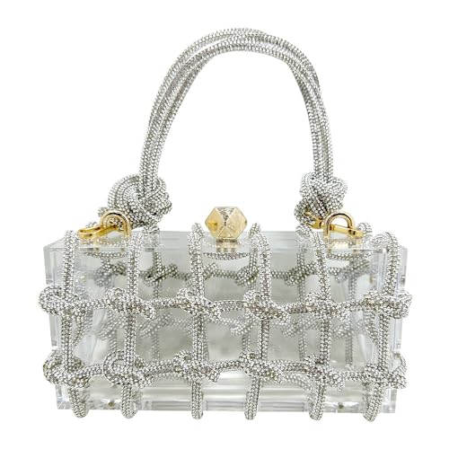 Image of Rhinestone Acrylic Clutch Sparkly Silver Evening Bag, Clear Purse with Bling Rope Perfect for Bridal Prom Club