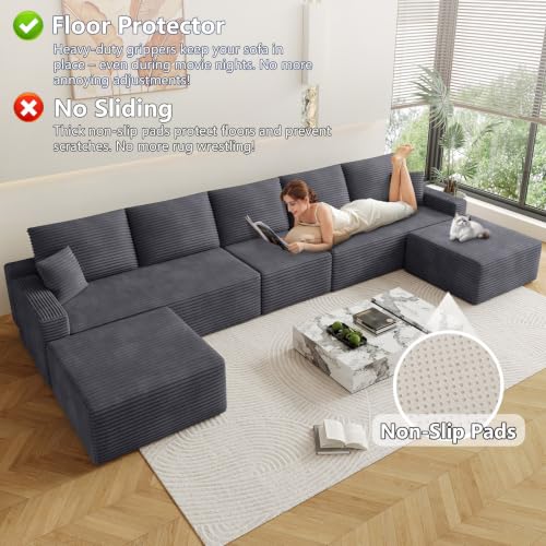 Image of Oversized Modular Sectional Sofa Couch,Large 7 Seater Corner Sofa Modern U Shaped Sectional Couch with Ottoman Cloud Couches for Living Room,Office,Spacious Space,Corduroy,No Assembly,Dark Grey
