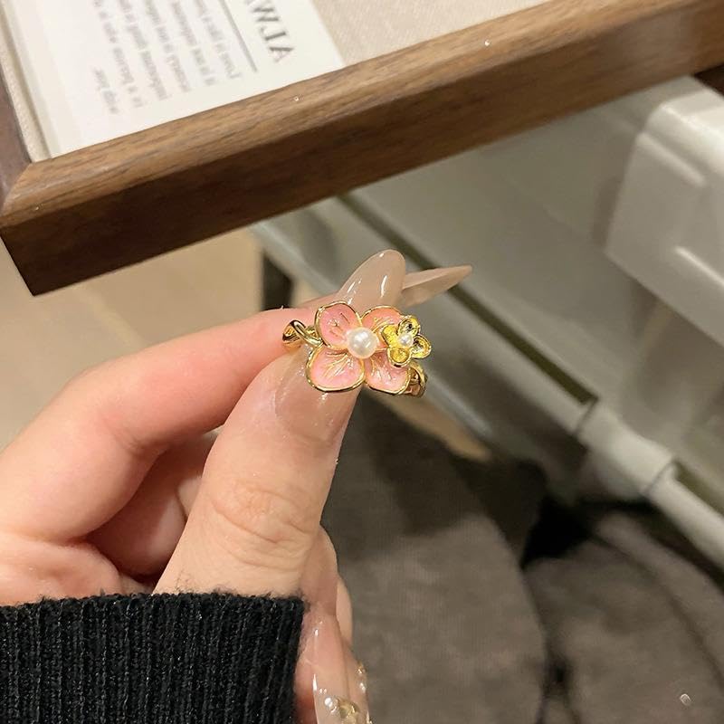 Sweet Peach Blossom Flower Pearl Open Statement Ring for Women Dainty Cute Pink Enamel Petals Floral Adjustable Band Gold Plated Finger Rings Wedding Engagement Promise Comfort Fit Stackable Jewelry3
