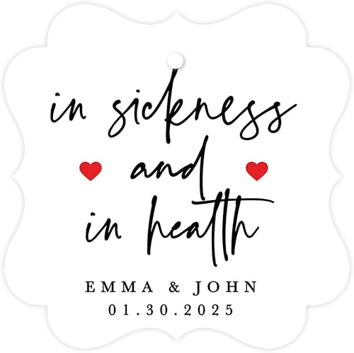 Andaz Press Marco de lujo personalizado en etiquetas de papel de enfermedad y salud, diseño de corazones rojos, nombres y fecha personalizados,