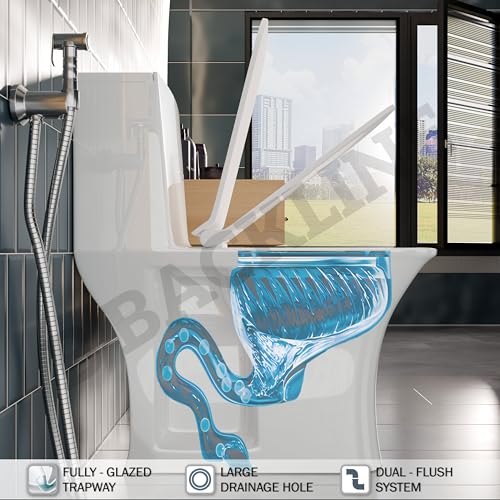 Image of One Piece Ceramic Floor Mounted Commode Water Closet Western Toilet /European Commode With Soft Close Seat Cover 29 X 14 X 26 Inches (White 10 (S Trap Outlet Is From Floor))