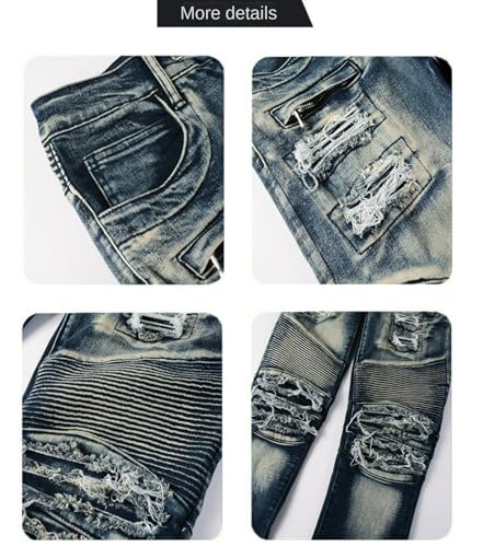 Jeans Pants Trousers Denim Men Stretch Slim Fit Street Trendy Piercing Retro Washed Blue Grinding Fading Personalized Wrinkle Casual Small Foot(Blue,33)4