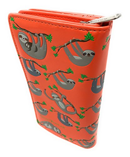 Shag Wear Sloth Large Animal Wallet for Women and Teen Girls Vegan Faux Leather Orange 7"2