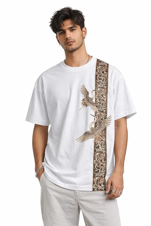 Image of Men's Oversized Black T-Shirt with Crane Bird and Floral Embroidery, Casual Streetwear