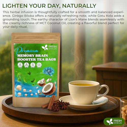 Image of FreshDrinkUS, Memory Brain Booster Tea Bags | 75 Count | Ginkgo Biloba, Gotu Kola, Lion's Mane Mushroom, MCT Coconut Oil | Herbal Blend Tea Bags | Naturally Flavorful, No Additives, Caffeine-Free