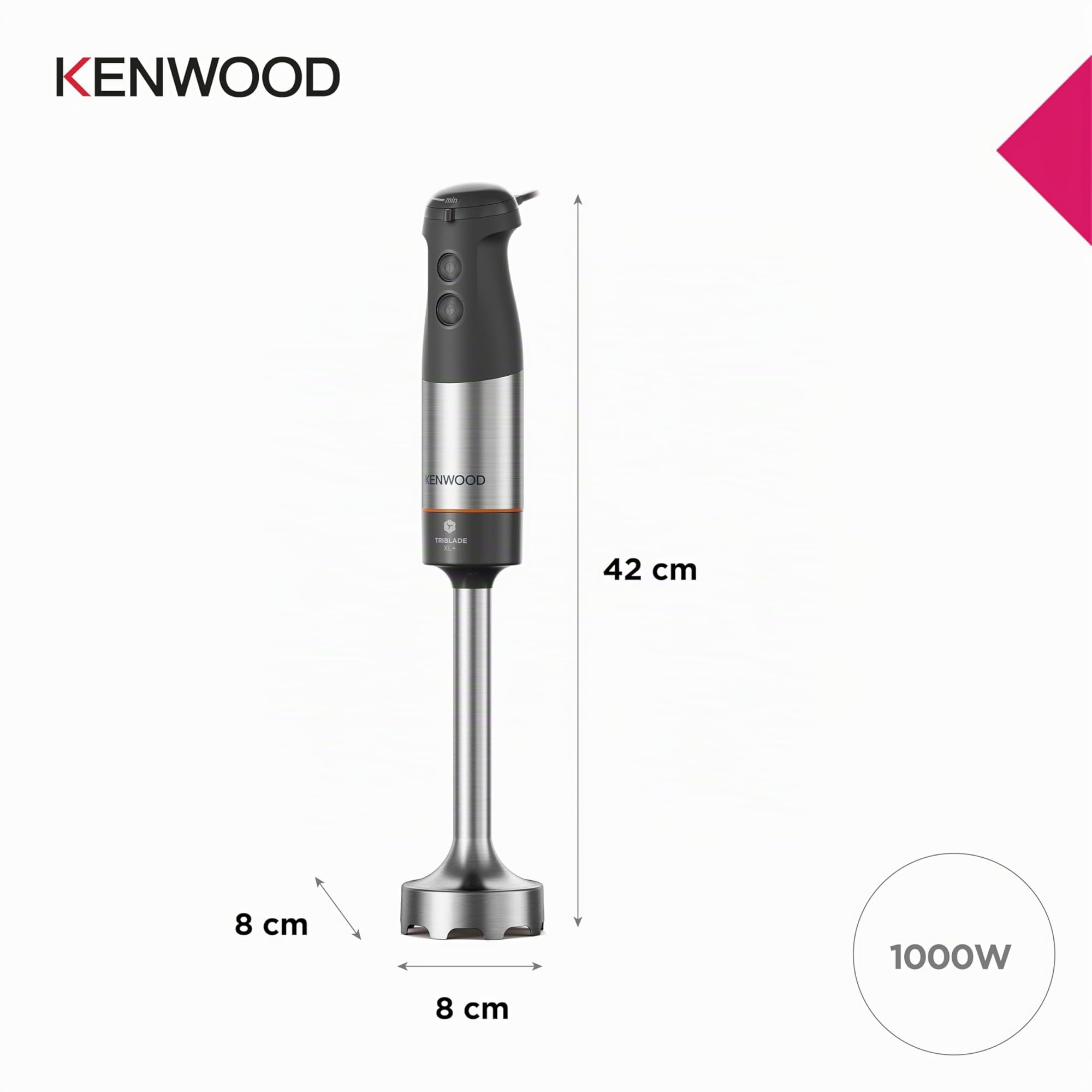 Kenwood HBM60.007GY, Mixeur Plongeant avec accessoires fouet en métal, bécher avec bec verseur, presse-purée métallique, 2 vitesses, 1000W, système Triblade, Tige XL, poignée SureGrip