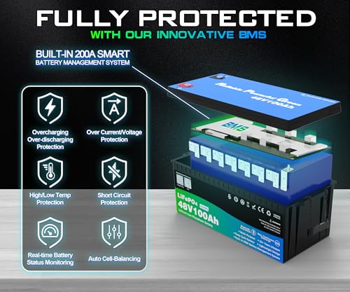 Image of 48 Volt 100Ah Lithium Golf Cart Battery, 48V LiFePO4 Battery with 10A Charger, Gauge, 200A BMS, 4000+ Cycles, 4.8 kWh Energy, Perfect for Golf Cart, RV, Marine, Lawn Mower