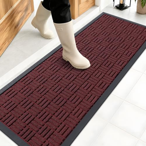 Image of OLANLY Front Door Mat Outside Entrance 47x17, Absorbent, Heavy Duty Sturdy Natural Rubber Doormat Indoor Outdoor, Non-Slip, Stain and Fade Resistant, Low Profile Floor Mat for Entryway, Burgundy