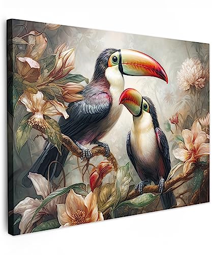 MuchoWow© Bilder 70x50 cm Wohnzimmer Deko Modern Wandbild Foto auf Leinwand Bild Schlafzimmer Room Decor Geschenke Tukan - Vögel - Blumen - Dschungel