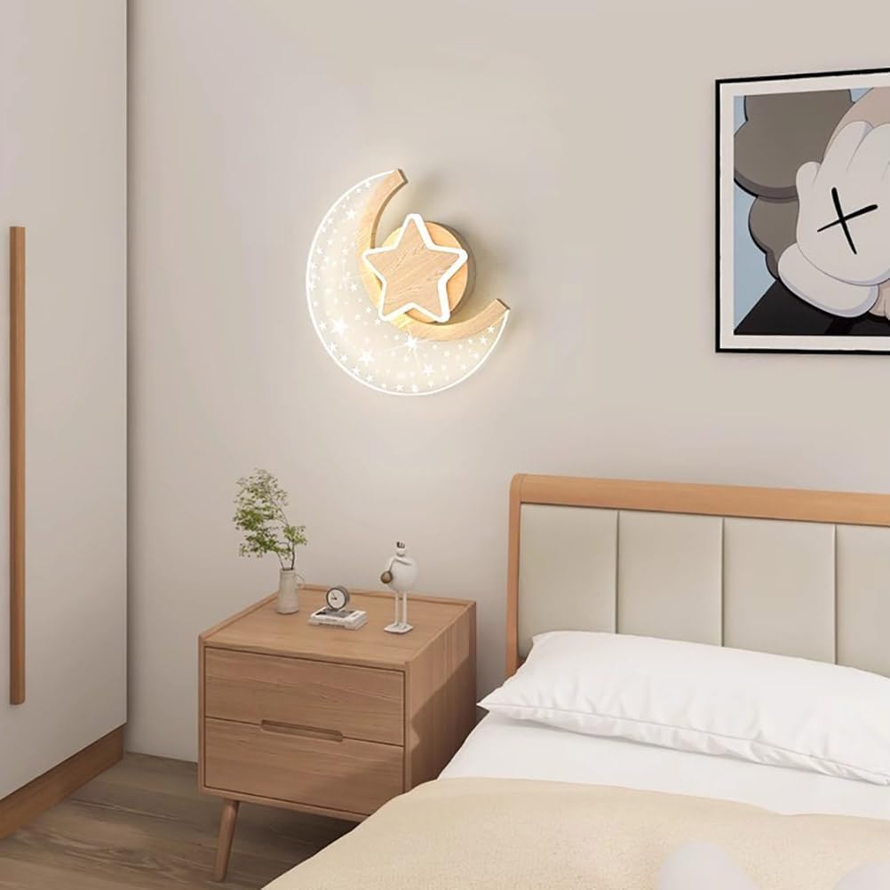 Kinkiet Dziecięcy Księżyc, Kinkiet Led Do Wnętrz Wygląd Drewna, 12w Nowoczesna Lampka Nocna W Gwiazdy I Księżyc, 3 Temperatury Barwowe Lampka Dziecięca Do Pokoju Chłopca I Dziewczynki