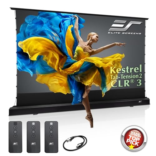 Image of Elite Screens Kestrel Tab-Tension 2 CLR3, 121" 16:9, Ultra-Short Throw Ceiling Ambient Light Rejecting (CLR/ALR) Electric Floor-Rising Motorized Front Projector Screen, Black Casing, FTE121UH3-CLR3