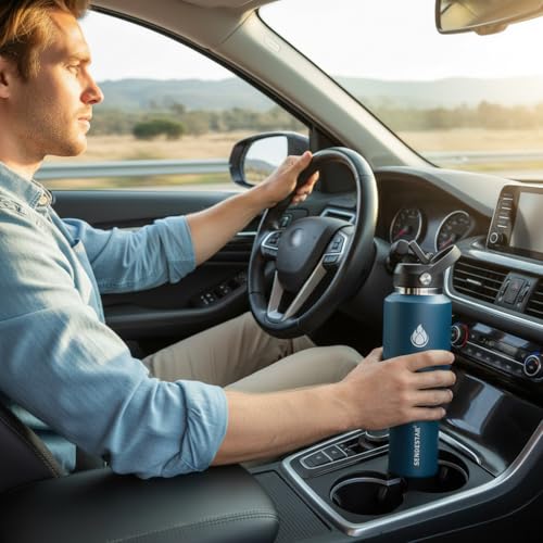 Image of SENDESTAR Water Bottle 32oz,2 Lids(Straw lid),Wide Mouth Stainless Steel Vacuum Insulated Double Wall Keep Liquids Cold or Hot All Day,Sweat Proof Sport Design,Fit Car Cup Holder(Cobalt)