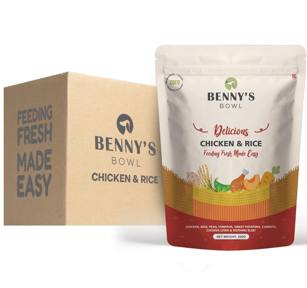 Benny’s Bowl Fresh and Wet Dog Food Chicken and Rice Recipe High Protein Balanced Daily Nutrition Wet Food for All Breed and Life Stages Preservatives Free (300 gm X 30 Packs Total 9 kg)