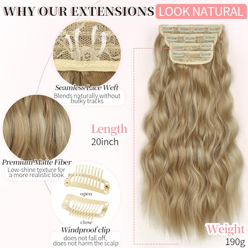 Image of Wavy Thick Hair Extensions 20 inch Dark Ash Blonde Mixed Blonde | 4 Pieces Clip in Extensions,Fiber Double Weft Hairpieces,Natural Volume,Beach Wave Long Synthetic Hairpieces for Women
