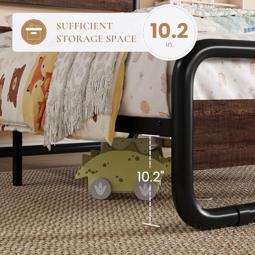 Image of SHA CERLIN Twin Size Metal Bed Frame with Wooden Headboard, Mahogany