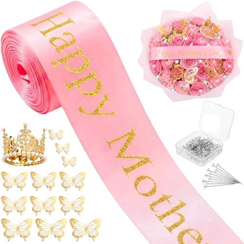 Zeyune 114 Pcs Flower Bouquet Accessories Includes 2 in x 5 Yard Glitter Mothers Day Satin Ribbon Gold Bouquet Crown Butterfly Decor and Rhinestone Flower Pin for Birthday Wedding Baby Shower