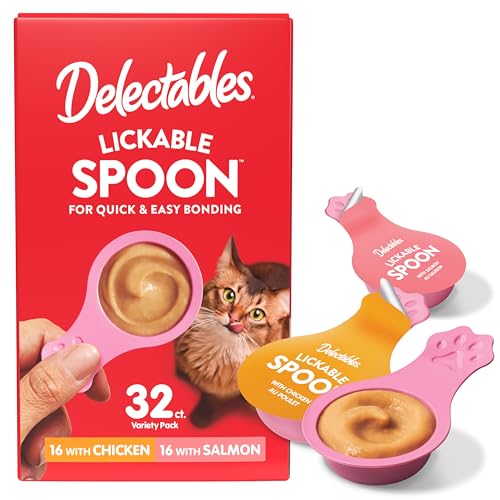 Delectables Lickable Spoon Handheld Wet Cat Treats Made with Real Chicken & Salmon Quick & Easy Creamy Puree Mess Free Grain-Free No Added Fillers No by-Products Variety Pack 32ct