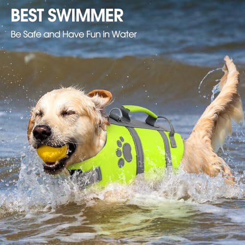 Queenmore Hundeschwimmweste Große Hunde, Ripstop Schwimmweste Hund, Verstellbare Hunde Schwimmwest Mit Griff, Reflektierende Schwimmweste Französische Bulldogge, Kajak Bootfahren, Grün, L