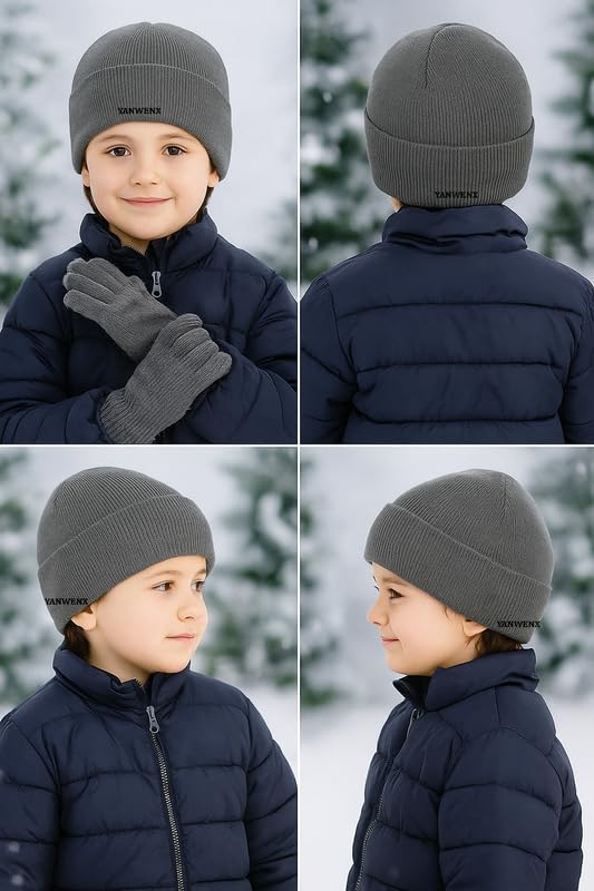 Yanwenx Kids Winter Beanie & Gloves Set | Soft Knit Warm Cap for Boys & Girls (Grey, Age 5-10 Years) β Pack of 1 1