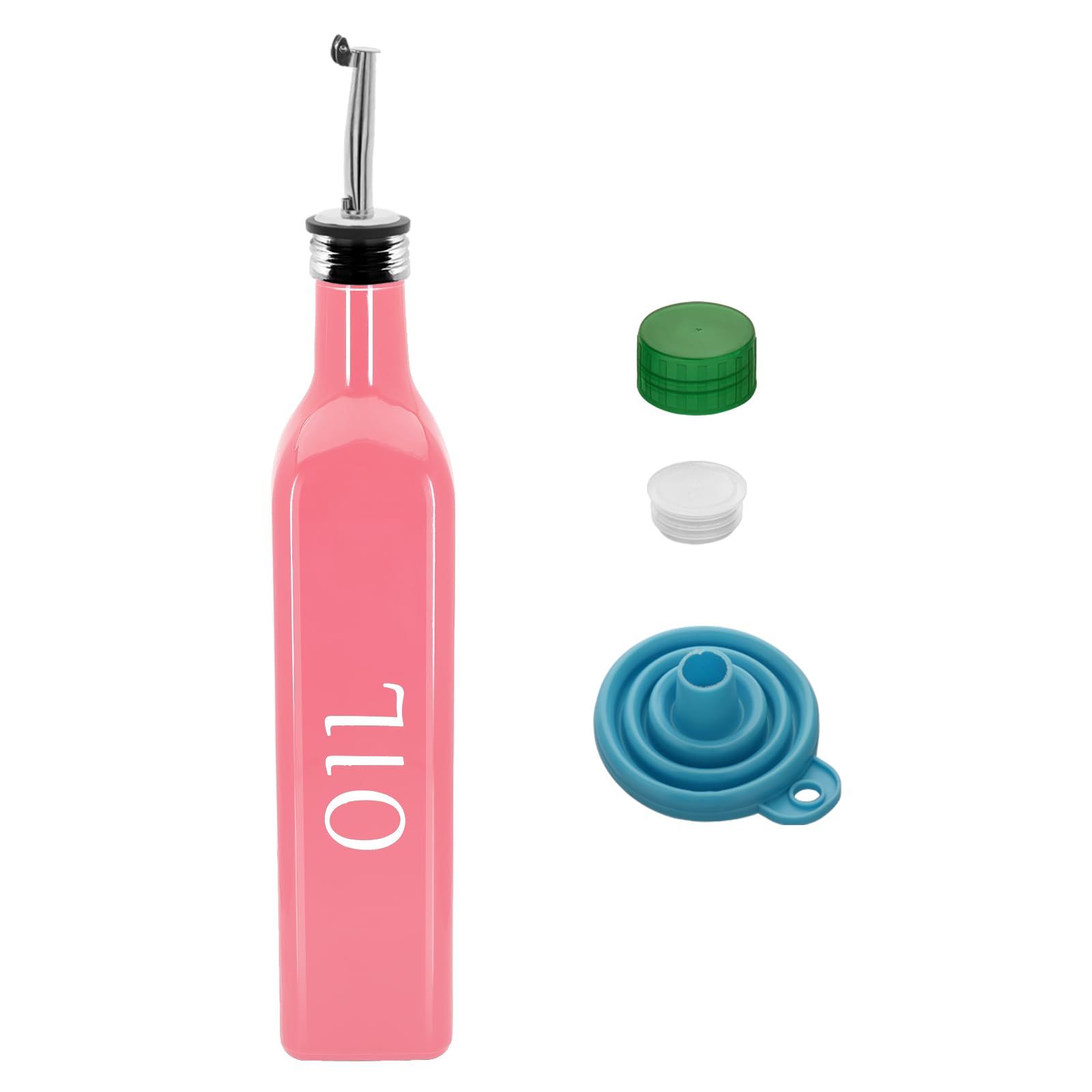 1 Pc 17oz Olive Dispenser Bottle,500ml Glass Oil and Vinegar Dispenser Set with 1 Stainless Steel Pourers,Funnel Bottles for Kitchen (Pink Oil)