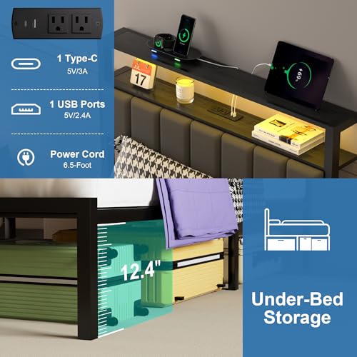Image of J.Fkne Twin Bed Frames with Charging Station and LED Lights, Twin Size Platform Bed with Metal Slats, Upholstered Headboard with 2-Tier Storage Shelves, No Box Spring Needed, Easy Assembly, Black