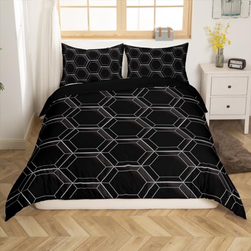 Geometric Hexagon Twin Bedding Sets for Boys,Black and White Honeycomb Comforter Cover Hexagonal Geometry Beehive Duvet Cover,Black Simplistic Geometrical Abstract Room Decor