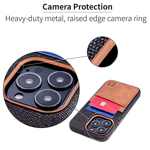 Image of Dockem Fabric Card Case for iPhone 13 Pro with Built-in Metal Plate for Magnetic Mounting, Stitched-on Genuine Leather Wallet with 2 Credit Card /ID Slots: M2F 6.1 inch Pro [Grey w /Light Brown]